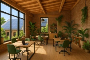 Nachhaltiger Coworking-Space in Deutschland mit Solarpanels, Holzdesign und begrünten Elementen für digitale Nomaden Nachhaltiger Coworking-Space in Deutschland mit Solarpanels, Holzdesign und begrünten Elementen für digitale Nomaden